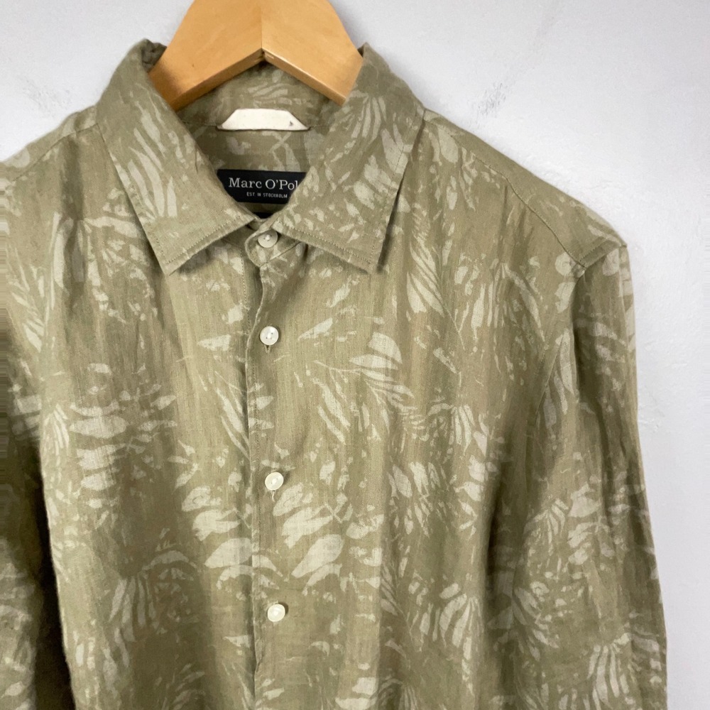 Marc O'Polo 100% Linen Shirt Men L Button Up Green Leaf Print Shaped Fit Floral